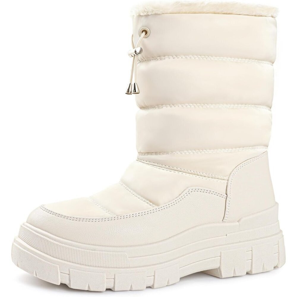 Women's White 1 Waterproof Snow Boots Mid Calf Low Heel Anti-Slip Warm Booties